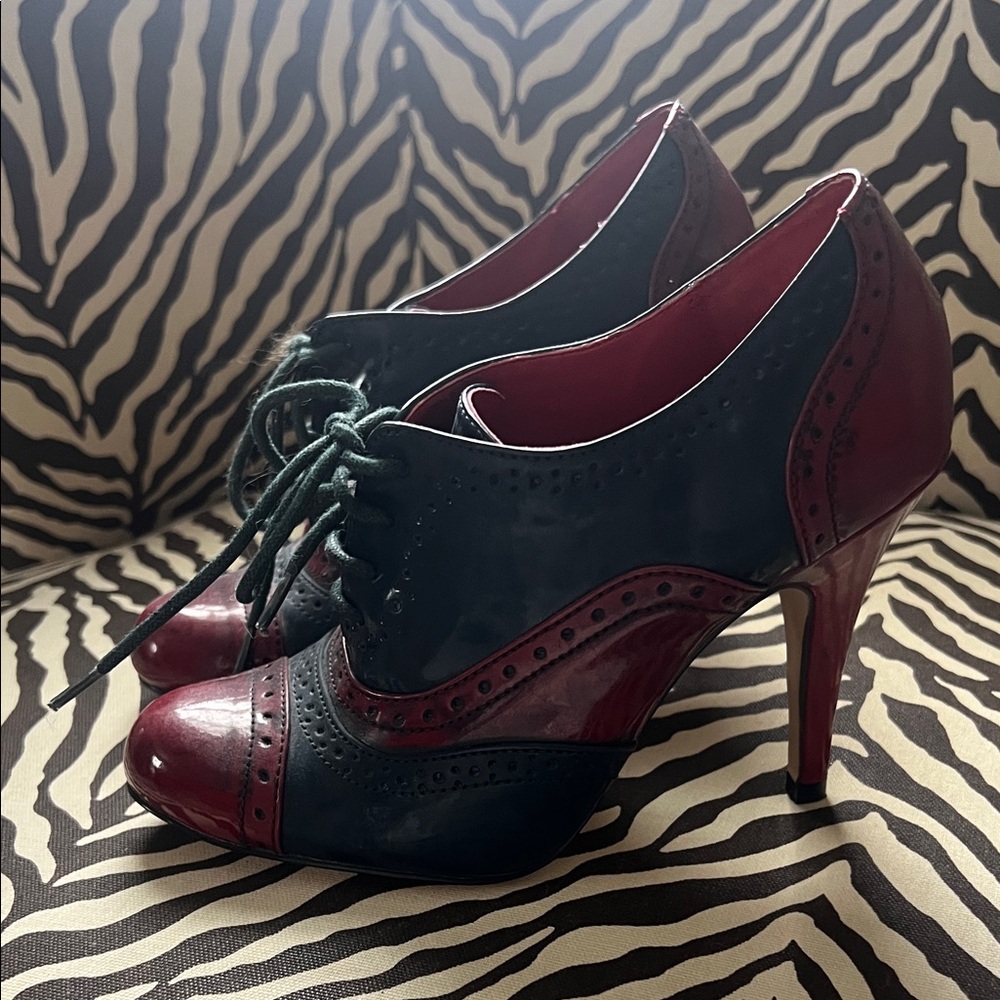 Aldo Burgundy and Black Lace-Up Heels